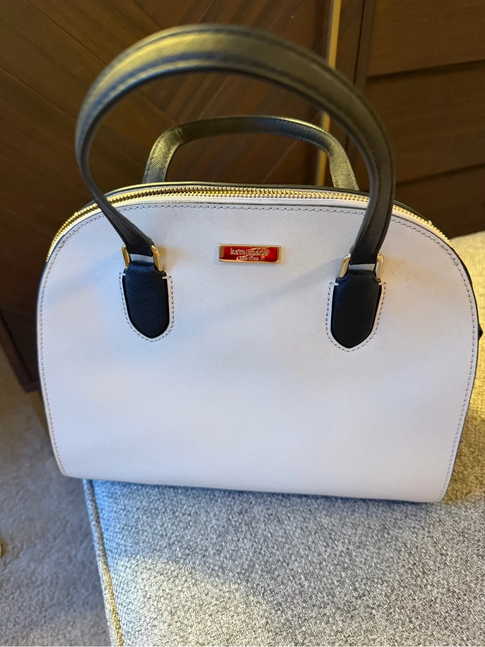 kate spade White and Black Dome Satchel with Gold Accent